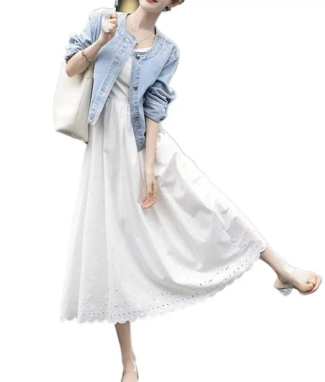 

2023 Women's Clothing Summer New Denim Jacket with Suspenders an Embroidered Skirt Suit 0820