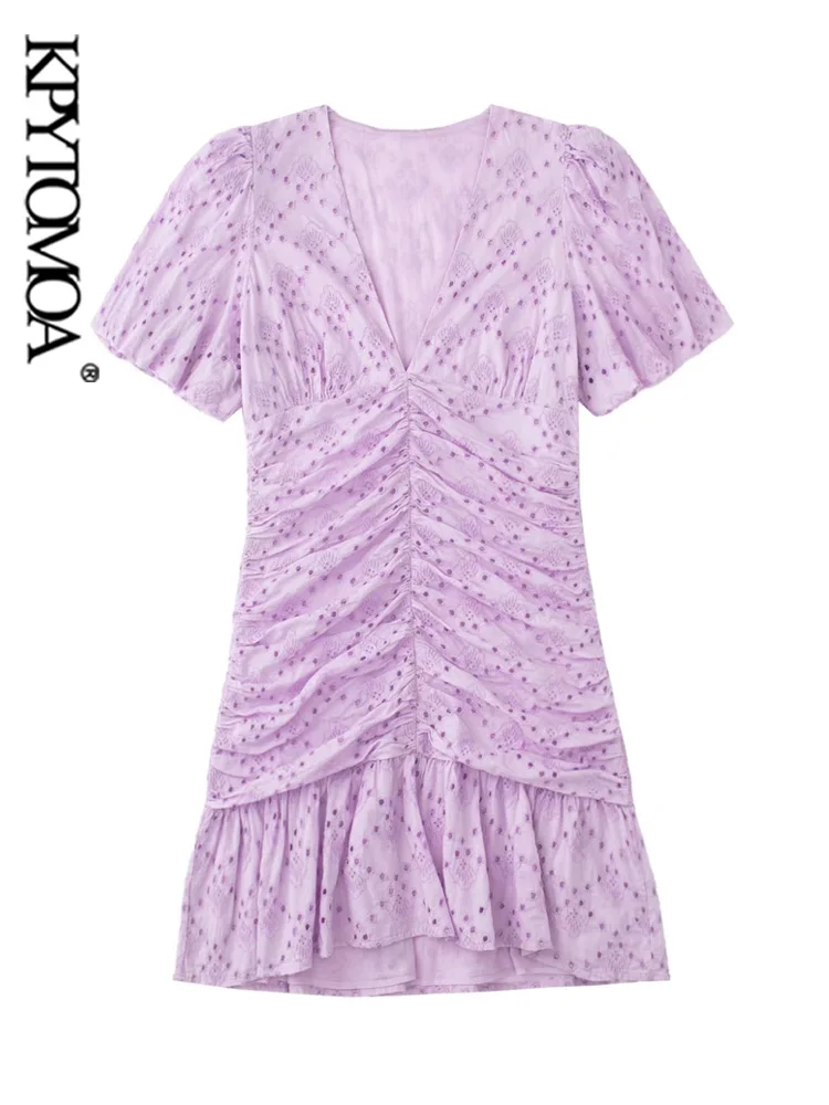 

KPYTOMOA Women Fashion With Cutwork Embroidery Pleated Mini Dress Vintage V Neck Puff Sleeves Female Dresses Vestidos Mujer