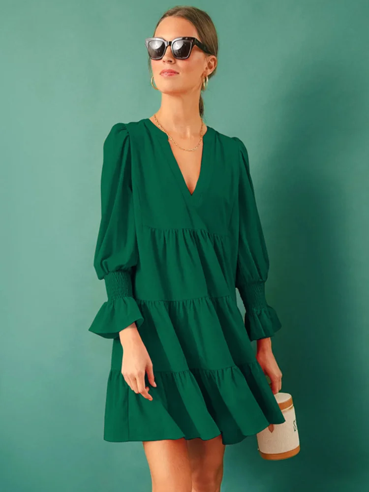 

Women Autumn Winter Solid Short Mini Dress Elegant Casual Fashion Office Lady Pullover Long Lantern Sleeve V Neck Dress 2023 New