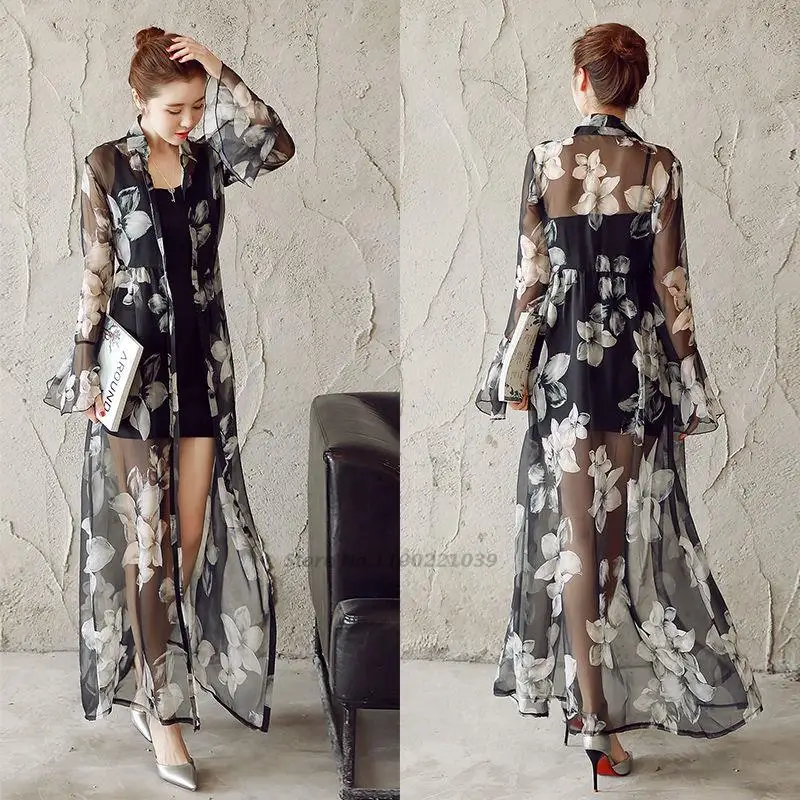 

2022 long style chinese chiffon cardigan women flower print clothes elegant folk dance suit traditional chinese fairy blouse