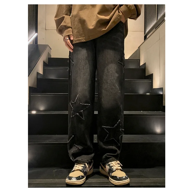 Spring Autumn New Fashion Streetwear Loose Straight-leg Denim Pants for Men and Women Couples Star Patch Embroidery Jeans Man