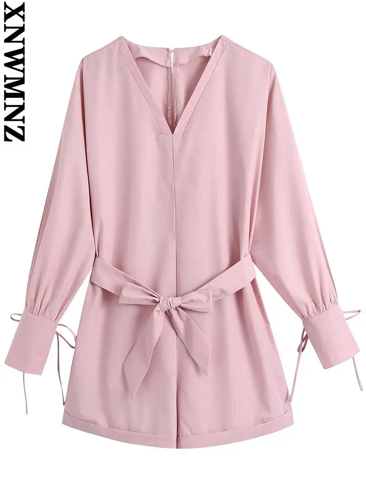 

XNWMNZ осенняя одежда для женщин 2022 Розовый Модный с поясом комбинезоны винтажный v-образный вырез повязка с длинным рукавом Женские Комбинезо...