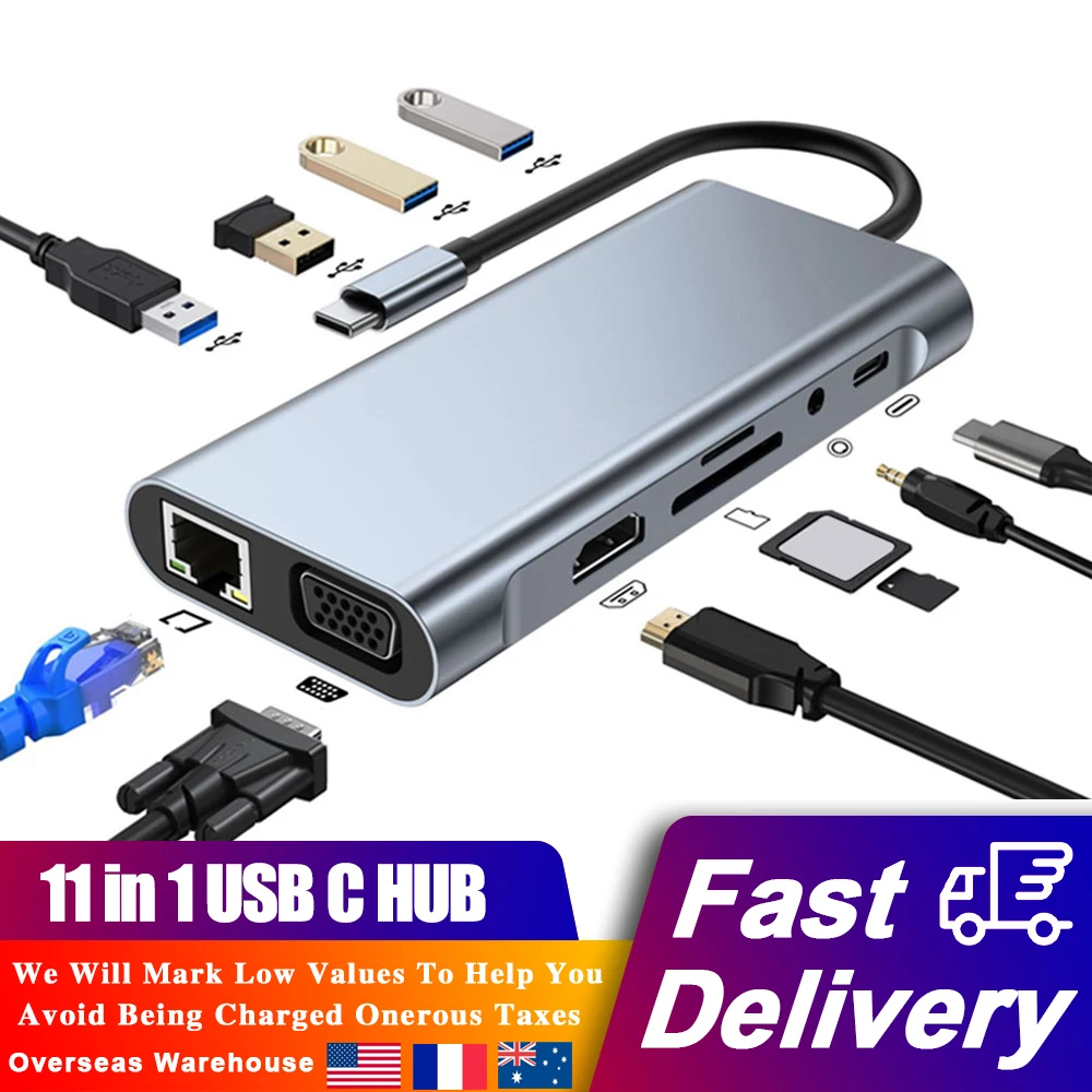 

11 in 1 USB HUB Type C TO USB+ RJ45+VGA+PD 100w +AV+SD+TF + 4K HDMI-Compatible Splitter USB HUB for MacBook Pro Air Accessories