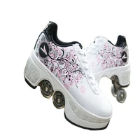 2022 leather adjustable roller skates breathable deformation shoes with 4 wheels kids unisex casual shoes children skates