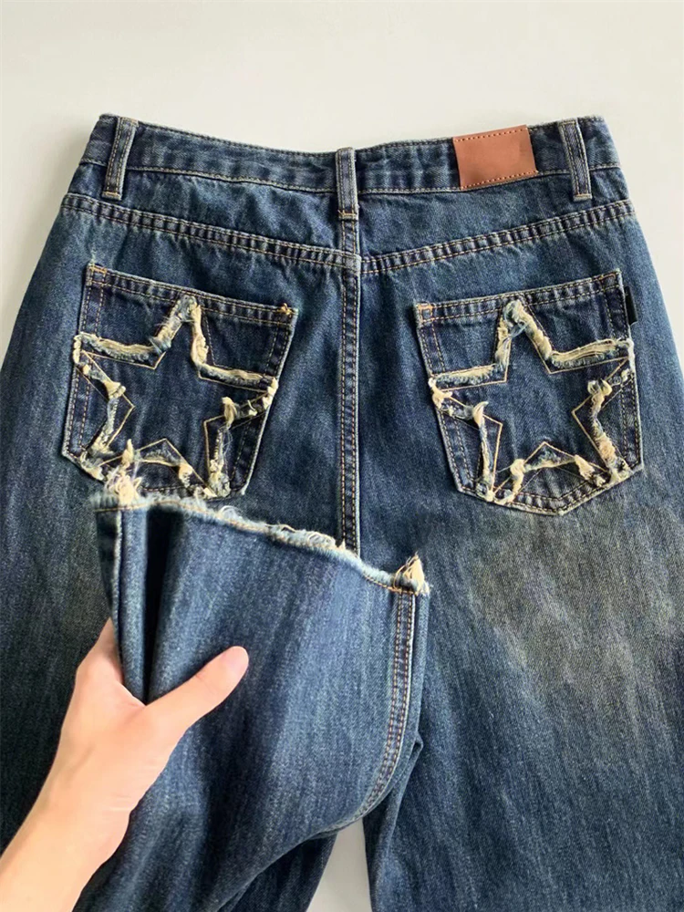 

Women Korean Vintage Fashion Streetwear Blue Casual High Waist Jeans Star Wide Leg Jean Trousers Brand Baggy Denim Pants Clothes