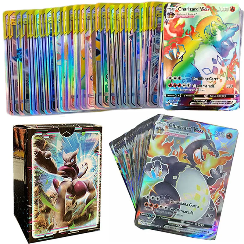 

Spanish Pokemon Cards 100 Vmax Spain Pokmon Pikachu MEGA EX Display Shining Card Playing Game Battle Tag Team Children Toy Gifts