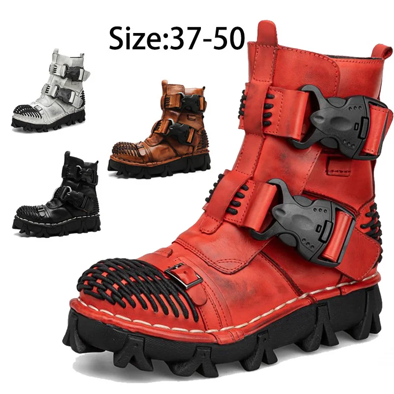 

Platform Cow Genuine Leather Martens Boots 2023New Red Ankle Boots Men Skull Gothic Punk Shoes Thick Bottom Motorcycle Boots50