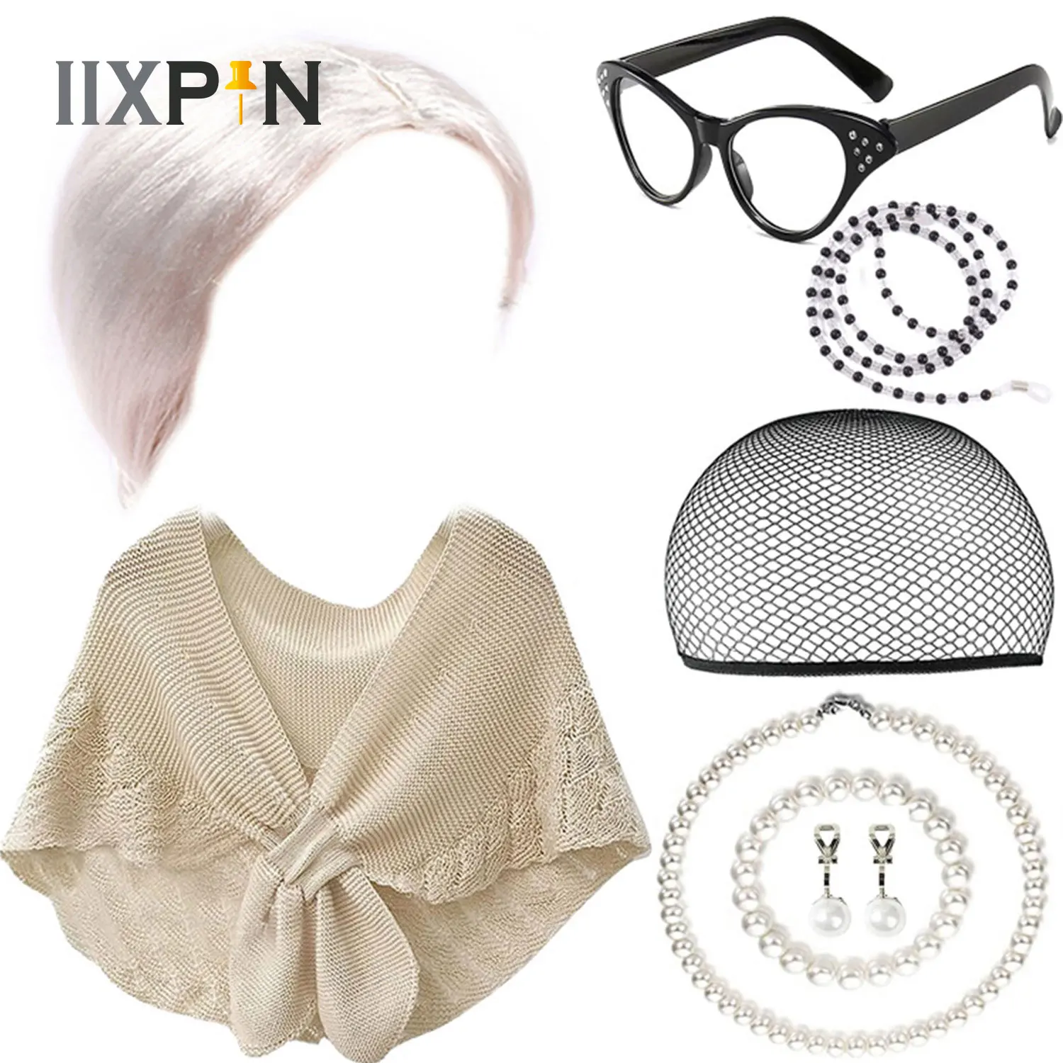 

8Pcs Halloween Old Lady Grandma Cosplay Accessories Set Granny Wig with Hair Net Frame Glasses Chain Necklace Earrings Cardigan