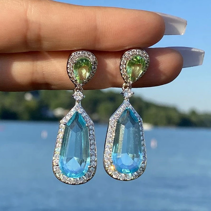 

Female Big Crystal Stone Dangle Earrings White Gold Wedding Royal Sea Blue Zircon Long Drop Earrings for Women Wholesale