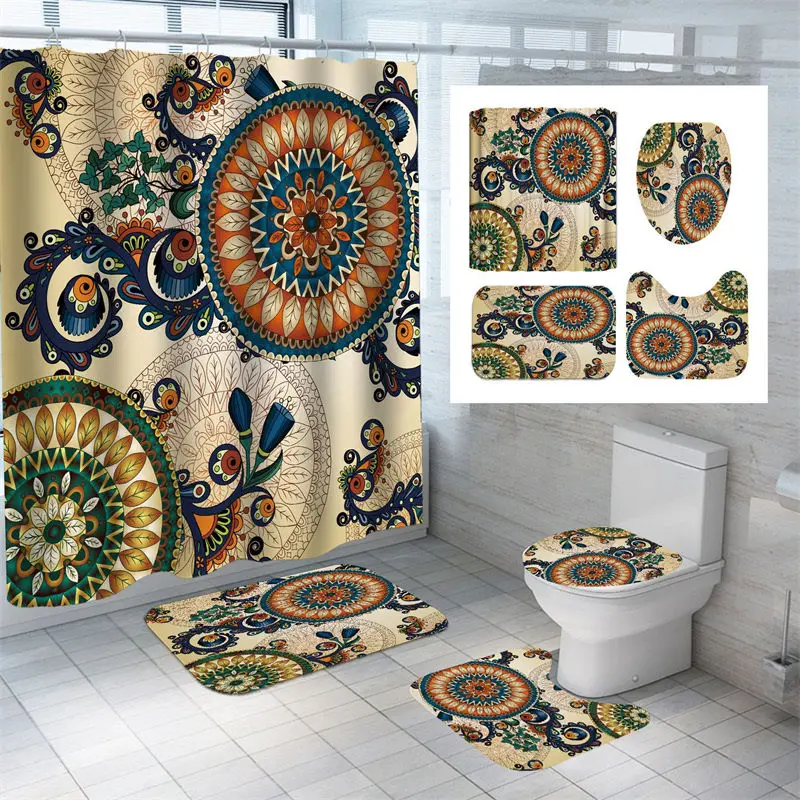 

Mandala Flowers Bath Curtain Print Bath Mat Set Waterproof Toilet Rugs Carpets Bathroom Decorative Shower Curtains With Hooks