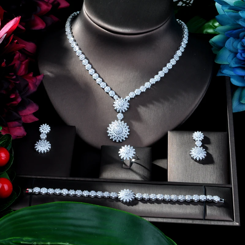 Fashion New Fashion Cubic Zircon Crystal 4pcs Jewelry Chain Bridal Set for Women Wedding Party, African Beads Jewelry Set N-111