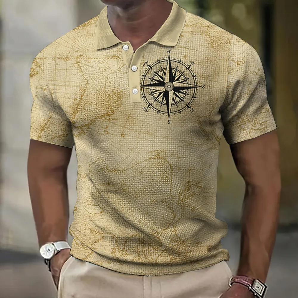 

Vintage Plaid Polo Shirt Summer Men's Three-Dimensional Printing Compass Pattern T-Shirt High-End Polo Shirt Men's Lapel Shirt