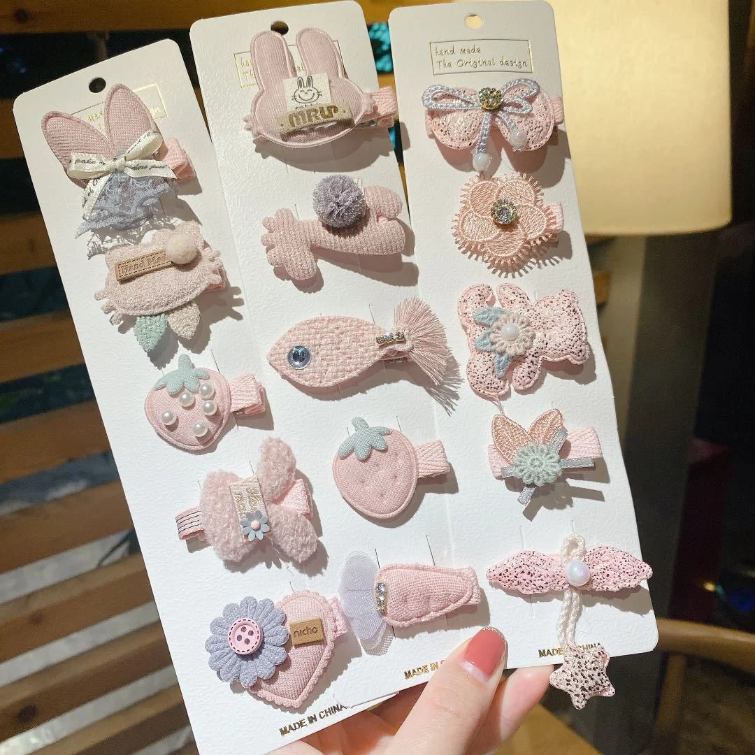 

5PCS/Set Korean Cute Double Flower Rabbit Fish Hair Clips For Baby Girl Child Pink Gauze Cloth Hairpins Barrettes Hot Sale