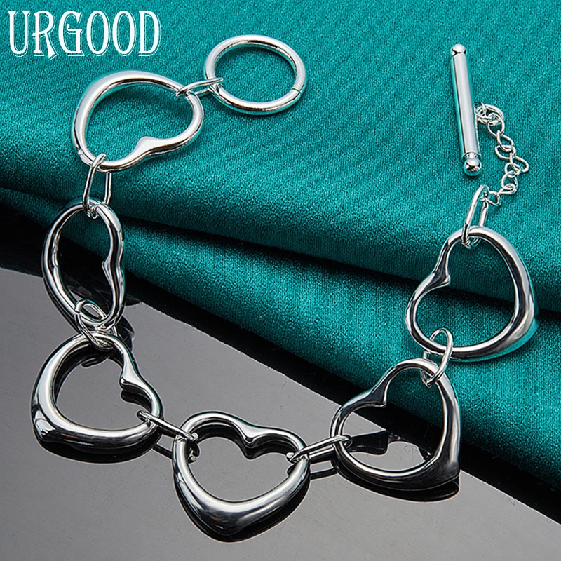 

925 Sterling Silver Six Heart Chain Bracelet For Women Men Party Engagement Wedding Fashion Jewelry