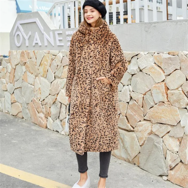 Autumn faux mink leather jacket womens Leopard hood long fur leather coat women slim jackets jaqueta de couro fashion
