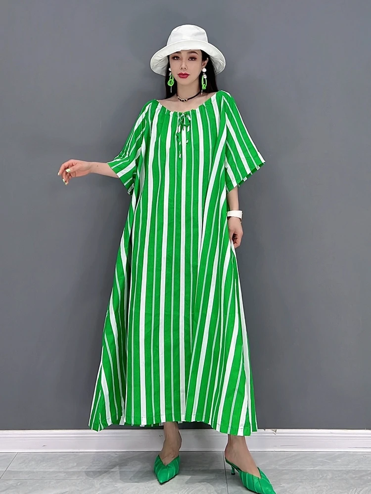 

SuperAen 2022 Summer New Fashion Casual Short Sleeve Stripe Loose Oversized O-Neck A-LINE Dress for Women