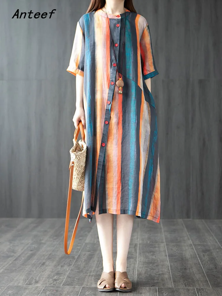 

short sleeve cotton vintage stripe dresses for women casual loose long summer shirt dress elegant clothing 2022