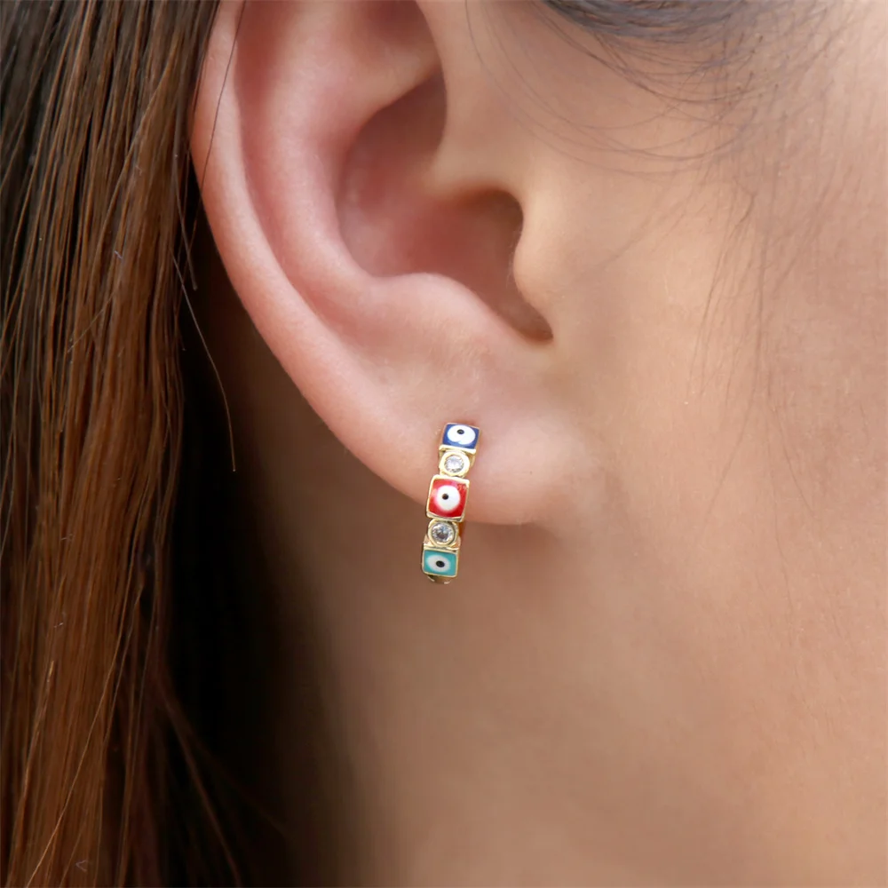 

Fashion Blue Enamel Evil Eye Pendant Earrings Simple Copper Gold Plated Turkey Zircon Hoop Earrings For Women Party Jewelry Gift