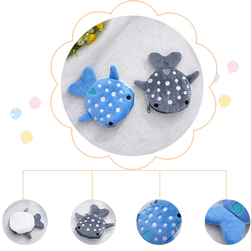 Cute Blue Small Whales Coin Purse Plush Zipper Coin Wallet Shark Shape Designer Women's Wallet Change Purse Key Earphone Pouch