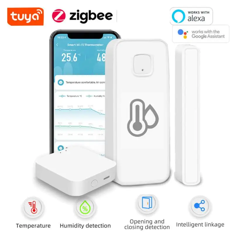 

Датчик двери Tuya Zigbee для умного дома, датчик температуры и влажности, работает с приложением Alexa Google Home