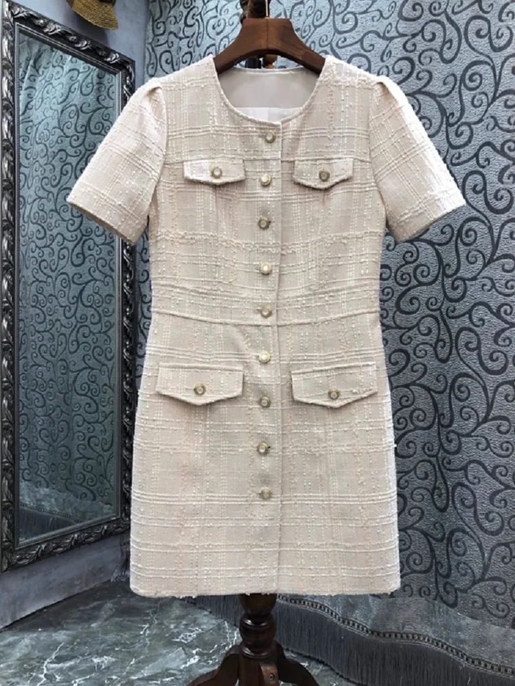 

New 2022 Autumn Winter Dress High Quality Women Pocket Button Deco Short Sleeve Bodycon Apricot Black Tweed Wool Dress Vestidos