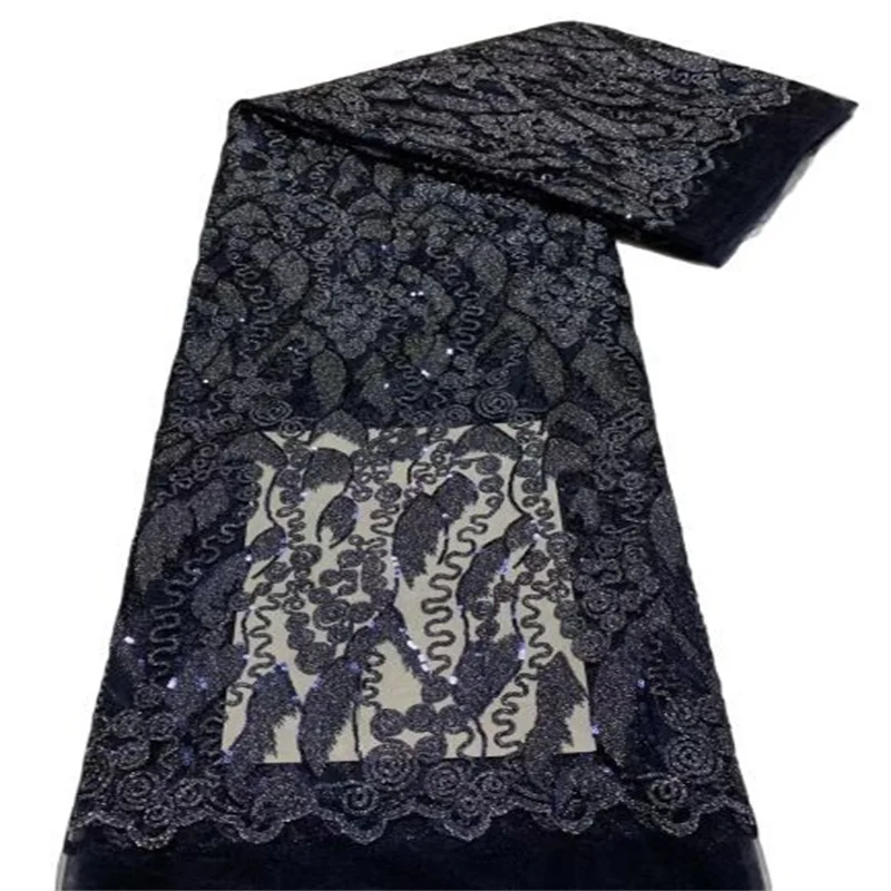 

5 ярдов, африканская кружевная ткань, синие высококачественные блестки, сетчатая вышивка, французская Свадебная Тюлевая кружевная ткань для шитья женских платьев