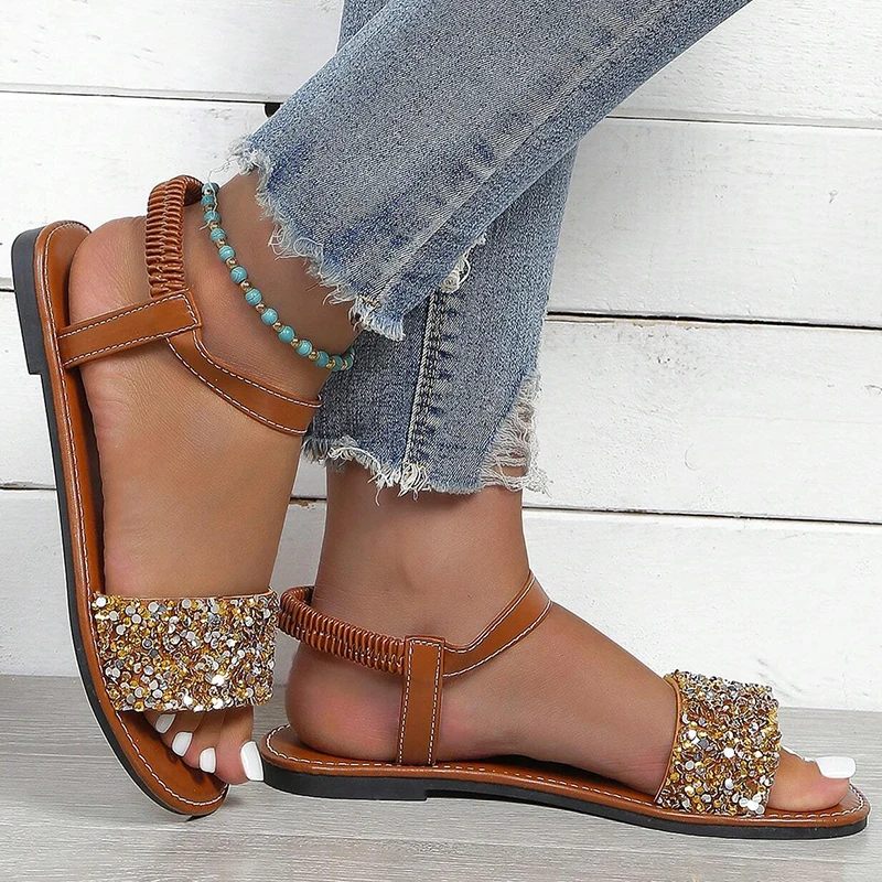 Women Sandal Glamorous Rhinestone Decor Sandals 2023 New Fashion Ankle Strap Summer Outdoor Slippers Casual Woman Female Shoes