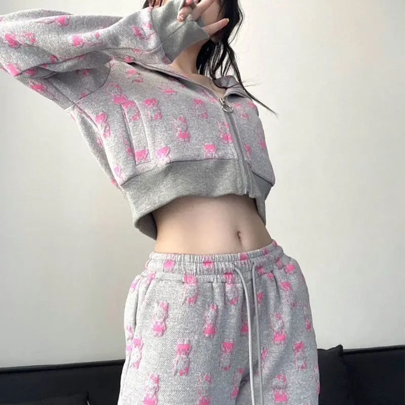 

Hellokitty Creative Design Kawaii Pink Tender Hooded Loose Coat Spicy Girl Low Waist Slim Flare Pants Fashion Shopping Set