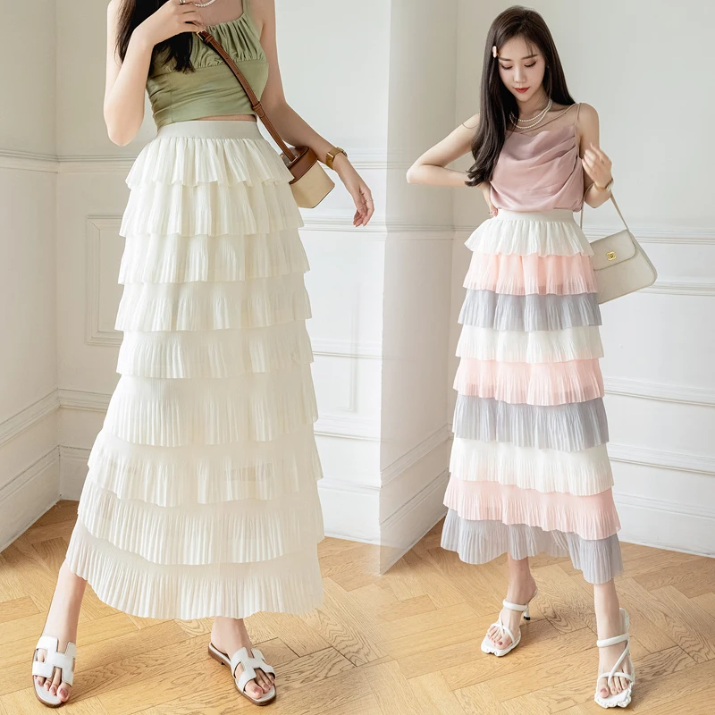 

Summer Fashion High Waist Slim Mid-length Elastic Waist Chiffon Splicing Layer Cake Skirt Pleated A Word Half-body Skirt