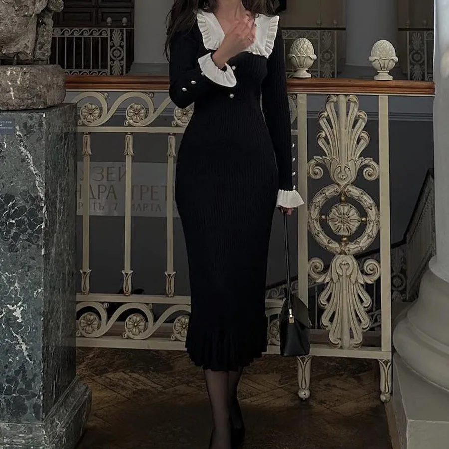 Платье-Макси женское трикотажное с оборками и длинным рукавом