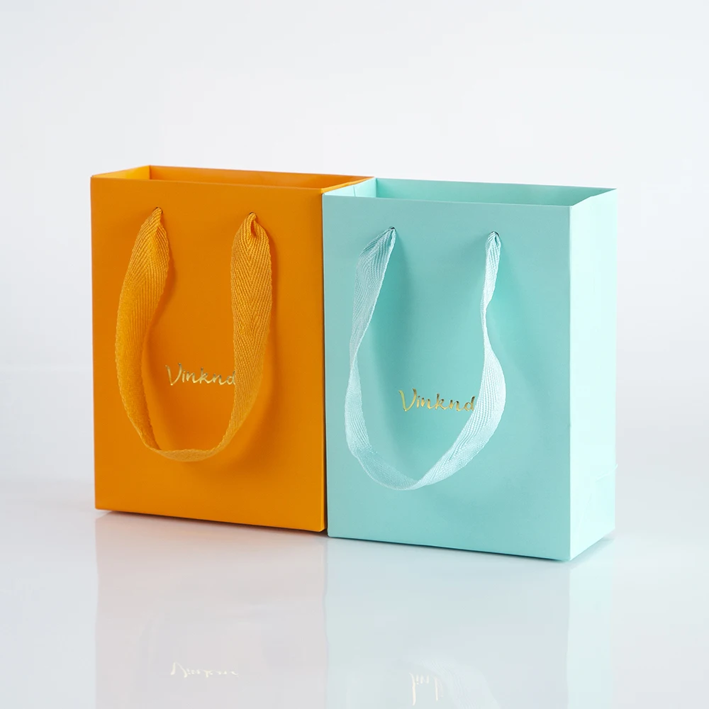 100pcs personalized Paper Tote Bags With Ribbon Cardboard Jewelry Gift Packaging Pouch Chic Small Wedding Ring Shopping Gift Bag