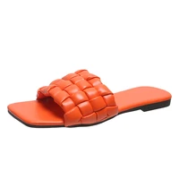 2022 new fashion weave slippers women square head flat bottom casual shoes slides summer herringbone beach sandals