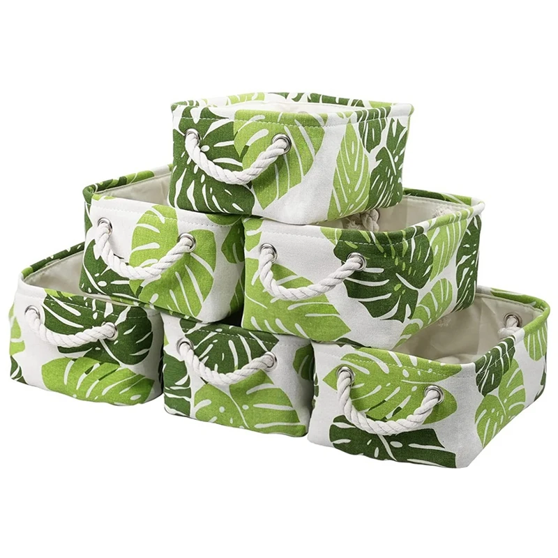 

6-Pack Small Storage Basket Fabric Storage Box For Clothes Decorative Storage Basket With Cord Handle (Green Leaf)