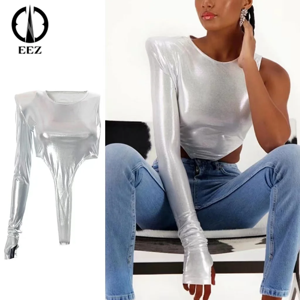 

【Asymmetrical】One Shoulder Long Sleeve Bodysuit Women High Waist Bodycon Sexy Jumpsuit Silver Sparkly Y2K Coquette Club Outfits