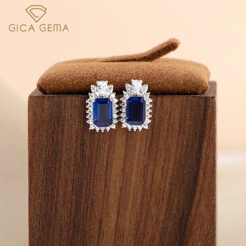 

Gica Gema Women Real 925 Sterling Silver Unusual Earrings Created Sapphire Gemstone Ear Stud Engagement Promise Fine Jewelry