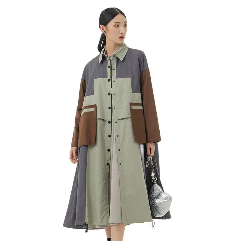 Vintage Color Contrast Coat Loose Long Trench Coat 2022 Autumn Winter Fashion Women Windbreaker Casual Splice Long Sleeve Jacket