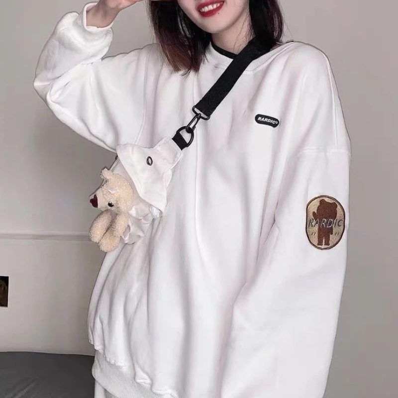 

Женский Милый Черный свитшот, модные уличные топы с сумкой, белый пуловер в Корейском стиле, милый свободный джемпер бойфренда в стиле Харад...