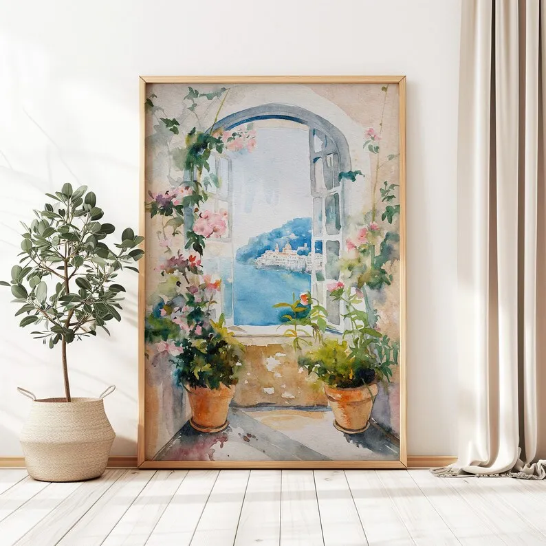 Ретро итальянский Positano Капри Амальфи Лимонное дерево БЕРЕГОВОЕ городское пейзаж