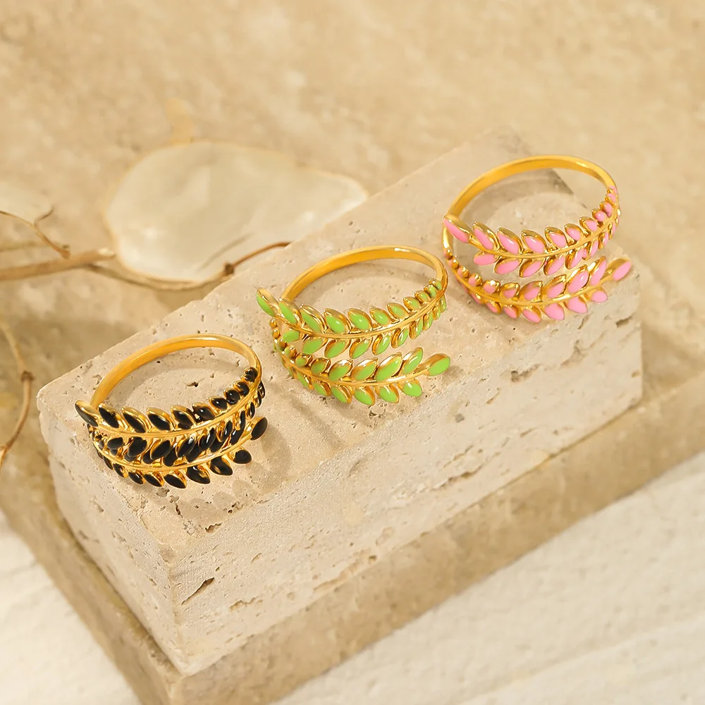

Simple Vintage Leaves Dripping Oil Stainless Steel Open Rings For Women Fashion Personality Adjustable Female Jewelry Gifts