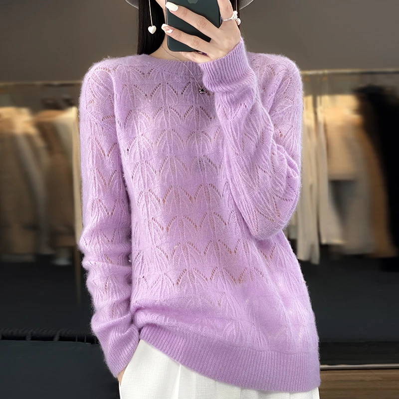 

100% Merino Wool Women's Clothing O-Neck Pullover Sweater 2023 Spring and Autumn Knitted Thread Hollow Top Korean Fashion Luxur