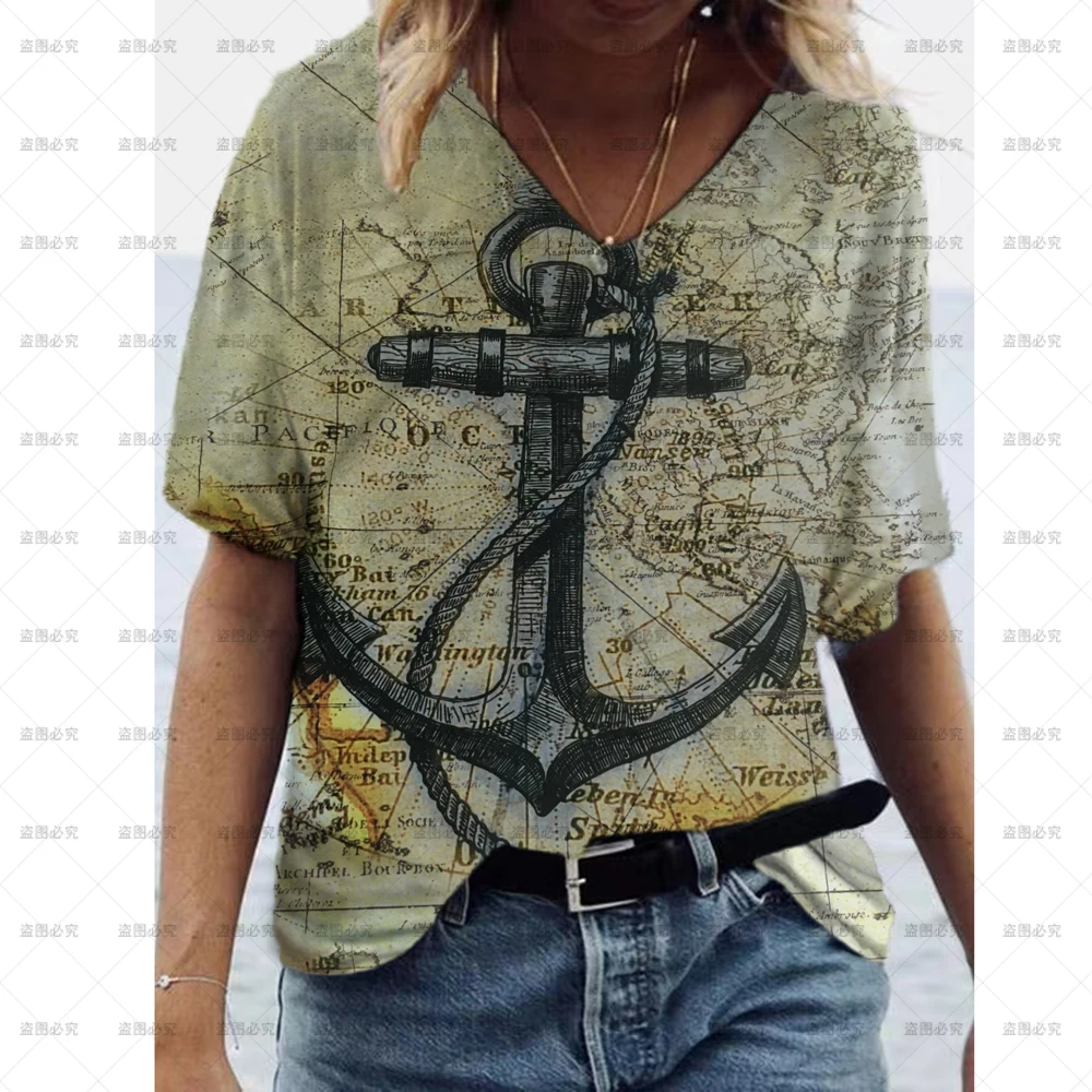 

Женская футболка с коротким рукавом, V-образным вырезом и принтом якоря