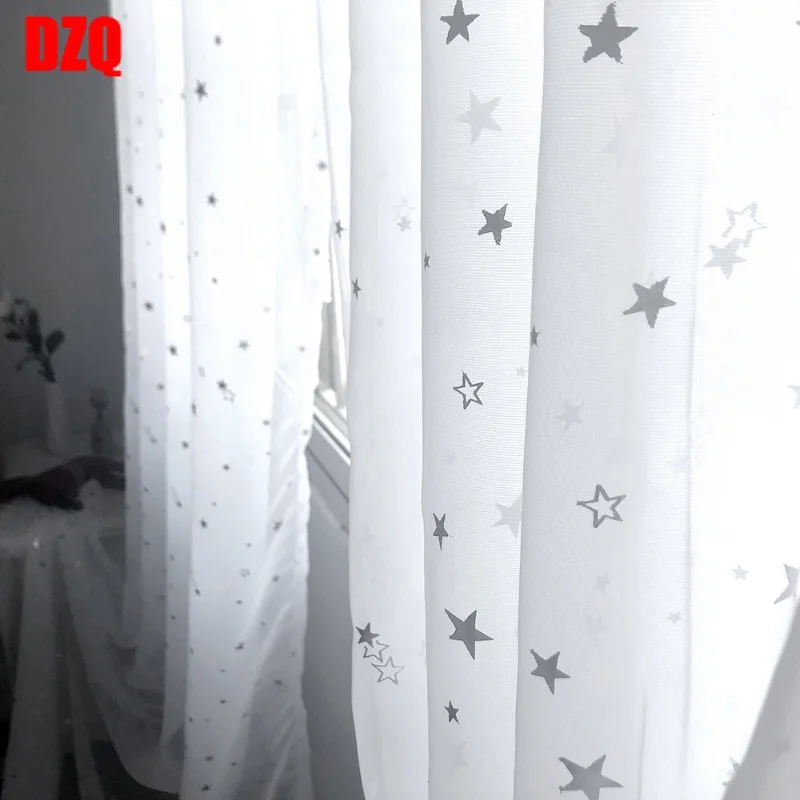 

White Shiny Sliver Stars Tulle Curtains For Kids Room Modern Cute All-Match Voile Window Treatment Sheers for Living Room