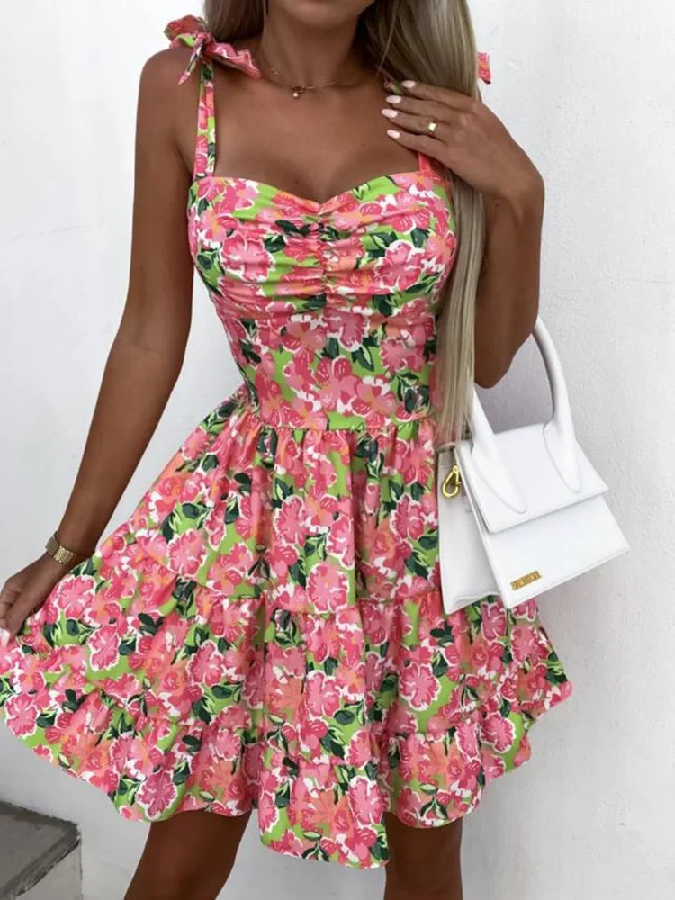 

Summer Sexy Dress Fashion Slim Spaghetti For Women Elegant Sweet Floral Print Ruffles Women Dresses 2022 Beach Boho Sundress