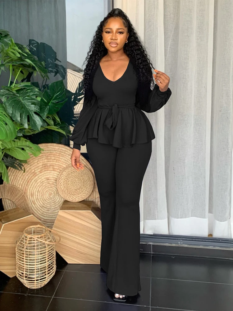 

Простые повседневные комплекты, женский топ с V-образным вырезом и длинным рукавом и рюшами + облегающие брюки-клеш для фитнеса, черные спортивные костюмы из 2 предметов