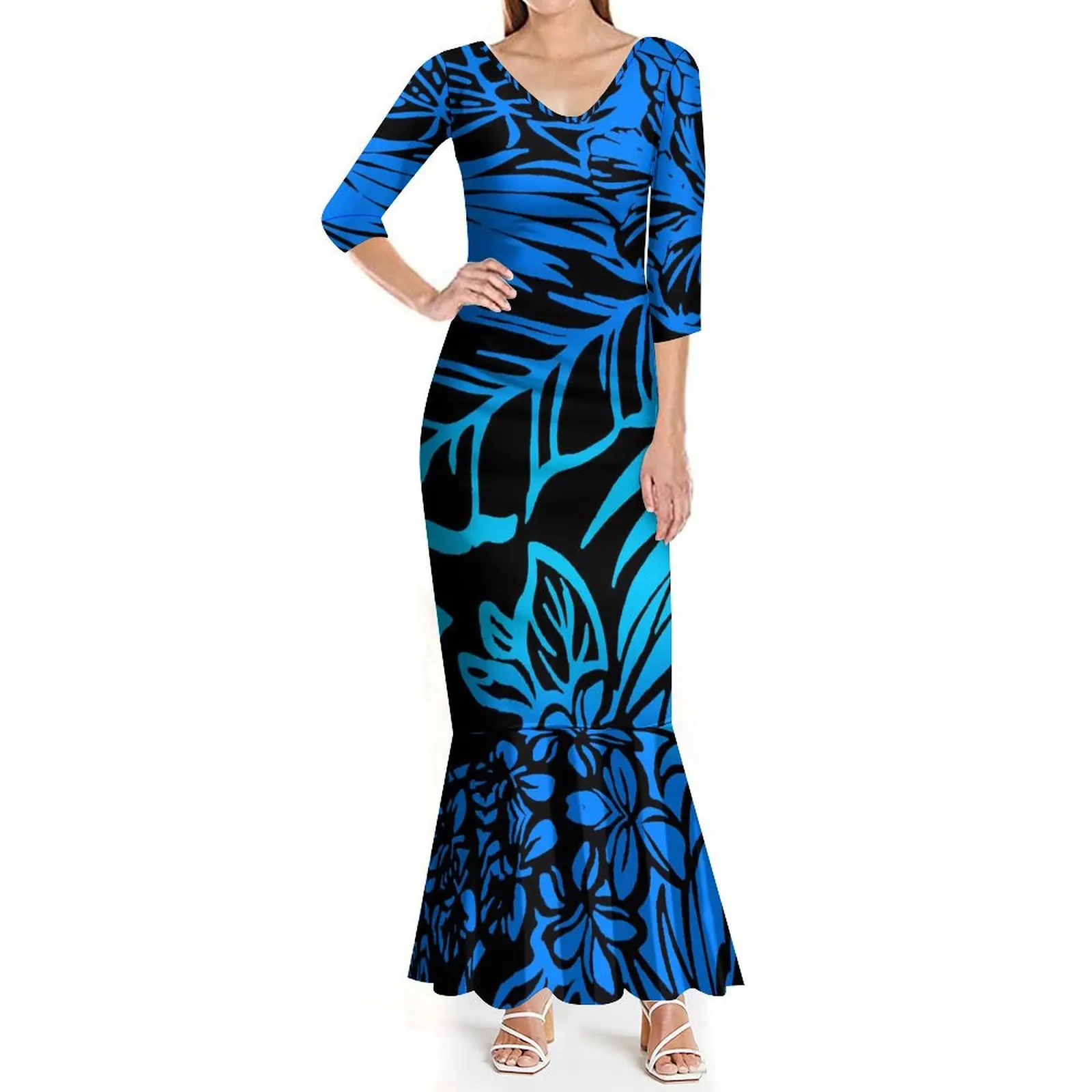 Женское платье с юбкой-годе до пола принтом в Полинезию 2024