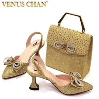 2022 pointed toe rhinestones gold color bow heels shoes for women elegant brands luxury party wedding shoes and bag set