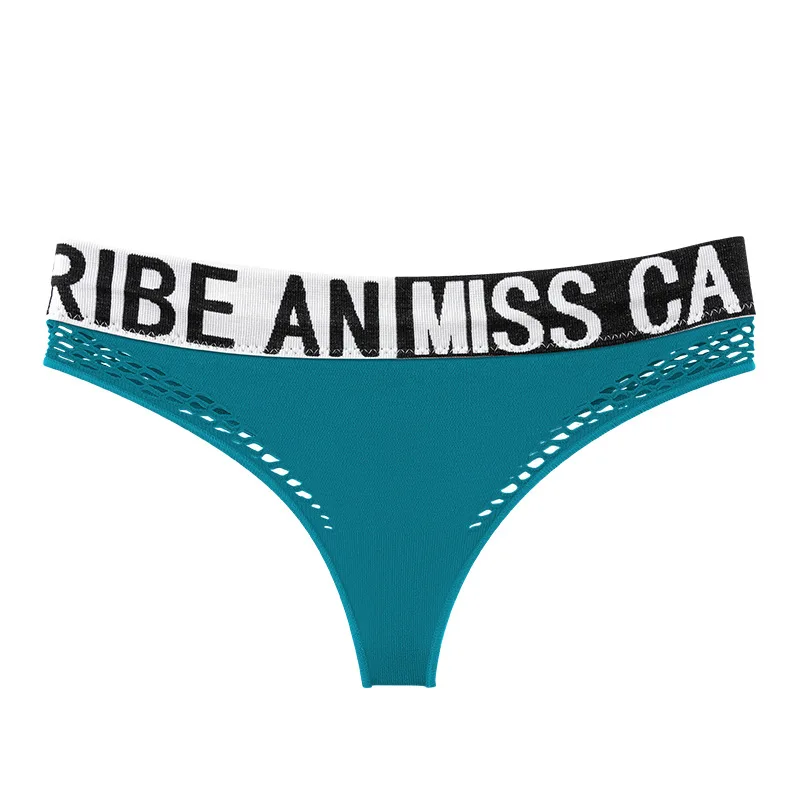 

Sexy Cotton Mesh Sports Seamless Letter Thongs Low Waist Hollow Transparent Women's Underwear Fashion G-String Panties