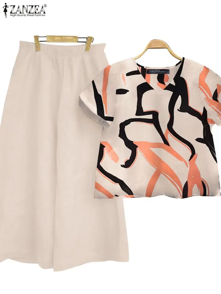 Костюм ZANZEA женский летний из 2 предметов блузка с коротким рукавом и брюки Модный