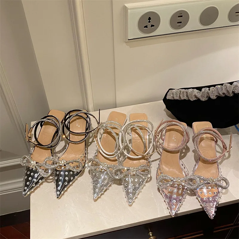 

6cm New Fashion Sandals Transprent Pointed Toe with Rhinestone High Heels Ankle Wrap Party for Women Shoes 38 39 40