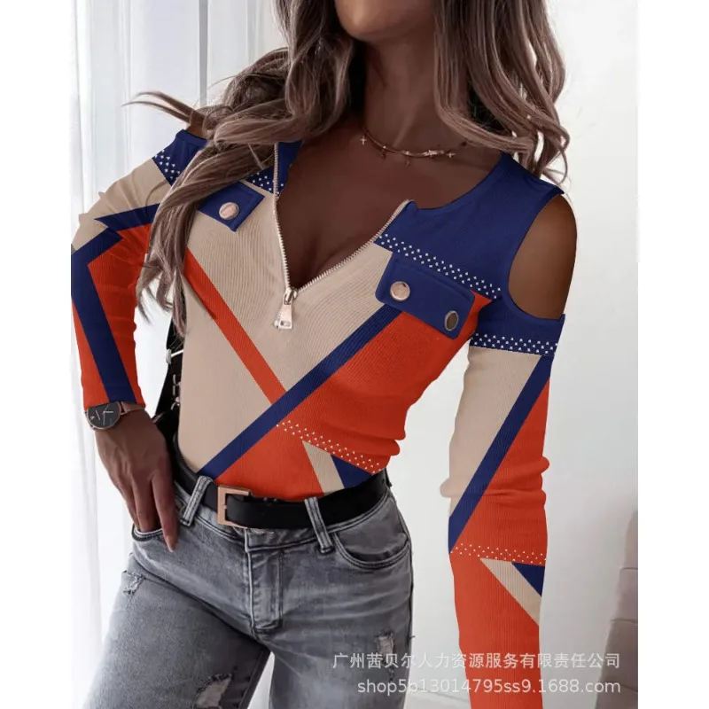 

Wepbel Off-Shoulder Tops Tshirts Zip Front Cold Shoulder Printing Color Tshirt Top Women Slash Collar Contrast V-neck Ribbed Top